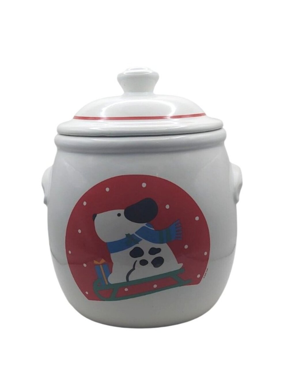 Sledding Dog Ceramic Cookie Jar Biscuit Treat Container Christmas Winter Holiday